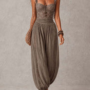 Nieves | Conjunto de bandeau de encaje gris y pantalones harem de algodón plisados