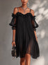 Valentina | Mini Abito Nero in Chiffon con Spalle Scoperte e Pizzo