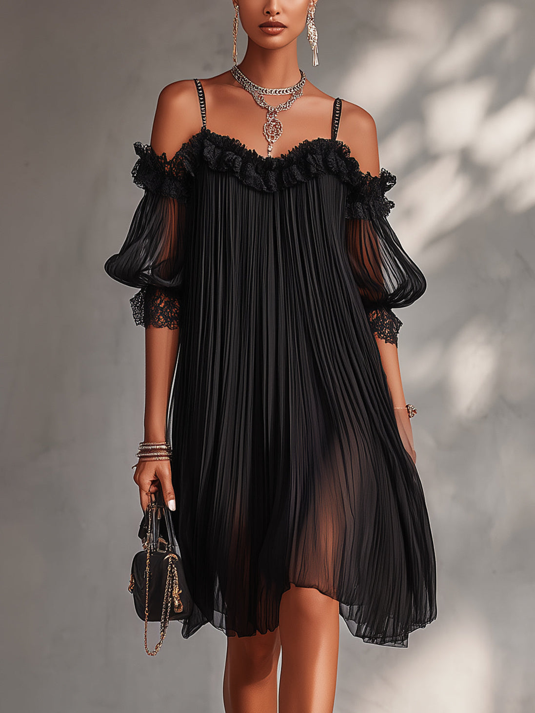 Valentina | Mini Abito Nero in Chiffon con Spalle Scoperte e Pizzo