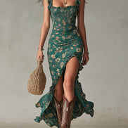 Abito Maxy Stampato Verde Bohemien con Maniche Ruffle