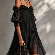 Valentina | Mini Abito Nero in Chiffon con Spalle Scoperte e Pizzo
