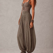 Nieves | Conjunto de bandeau de encaje gris y pantalones harem de algodón plisados