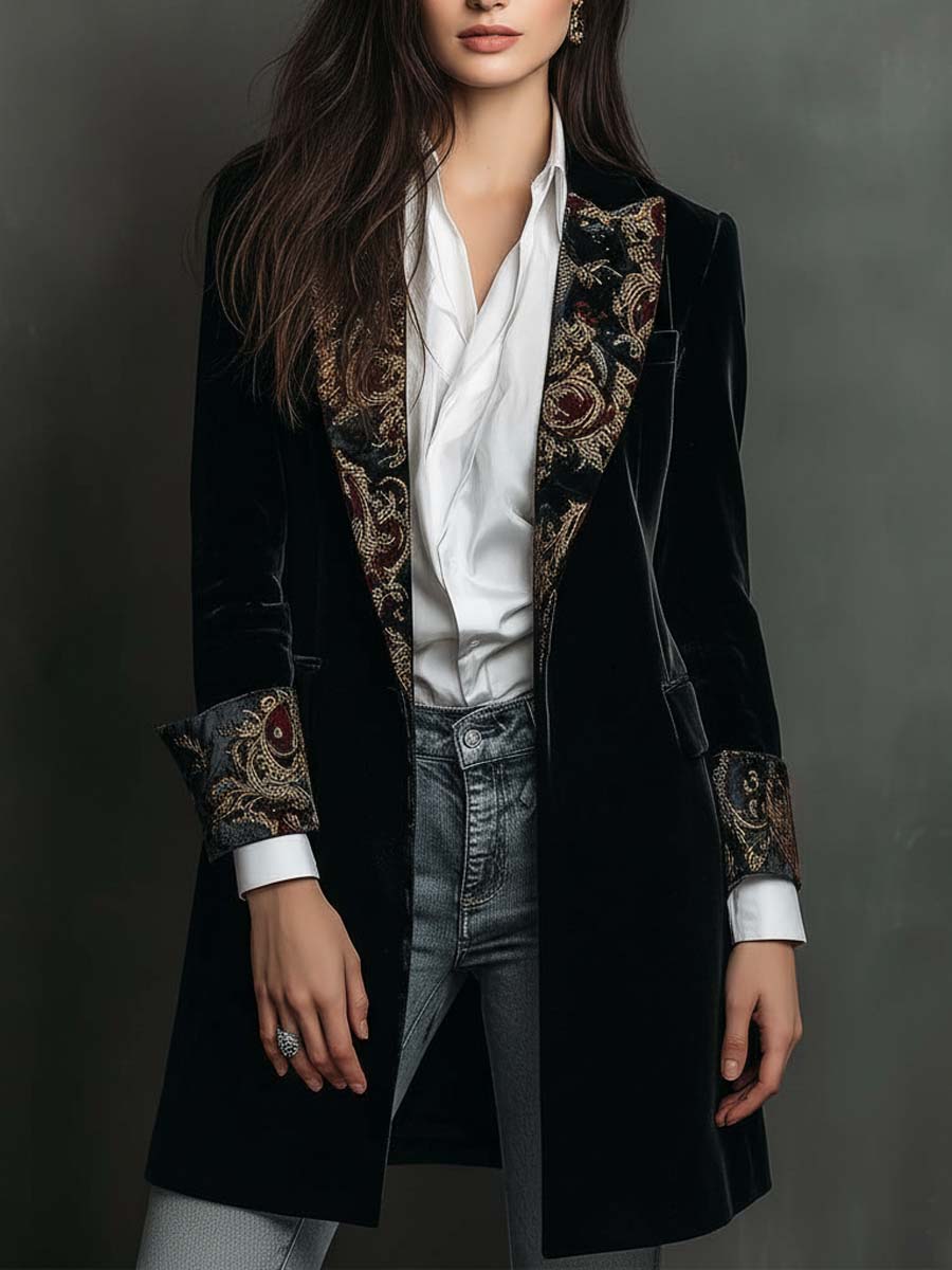 Erminia | Blazer Slim Fit Nero con Stampa Barocca