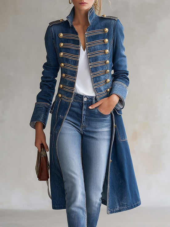 Gabriella | Cappotto Lungo in Denim Stile Militare