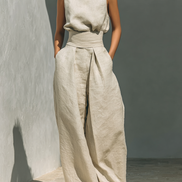 Eleganza in cotone - Completo composto da top e pantaloni ampi in cotone e lino dallo stile minimalista per donna