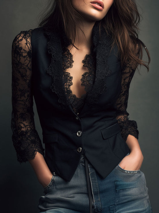 Adelmina | Blazer Nero con Maniche Semi-Trasparenti
