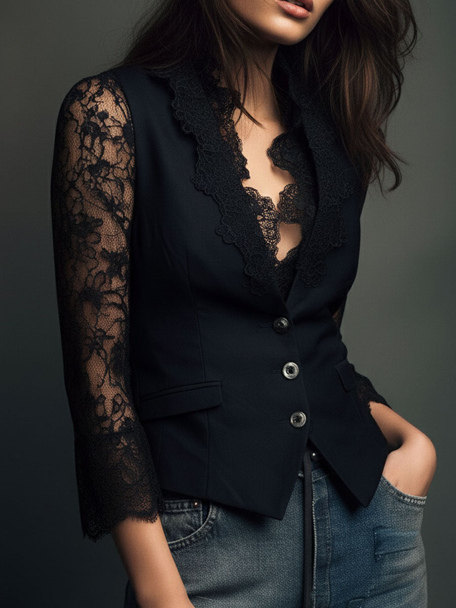 Adelmina | Blazer Nero con Maniche Semi-Trasparenti