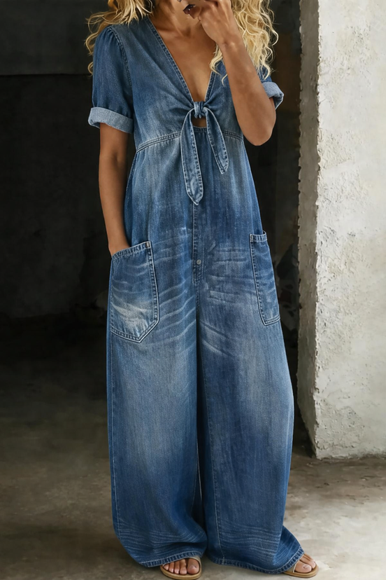 Roberta | Tutina Corta in Denim con Scollo a V