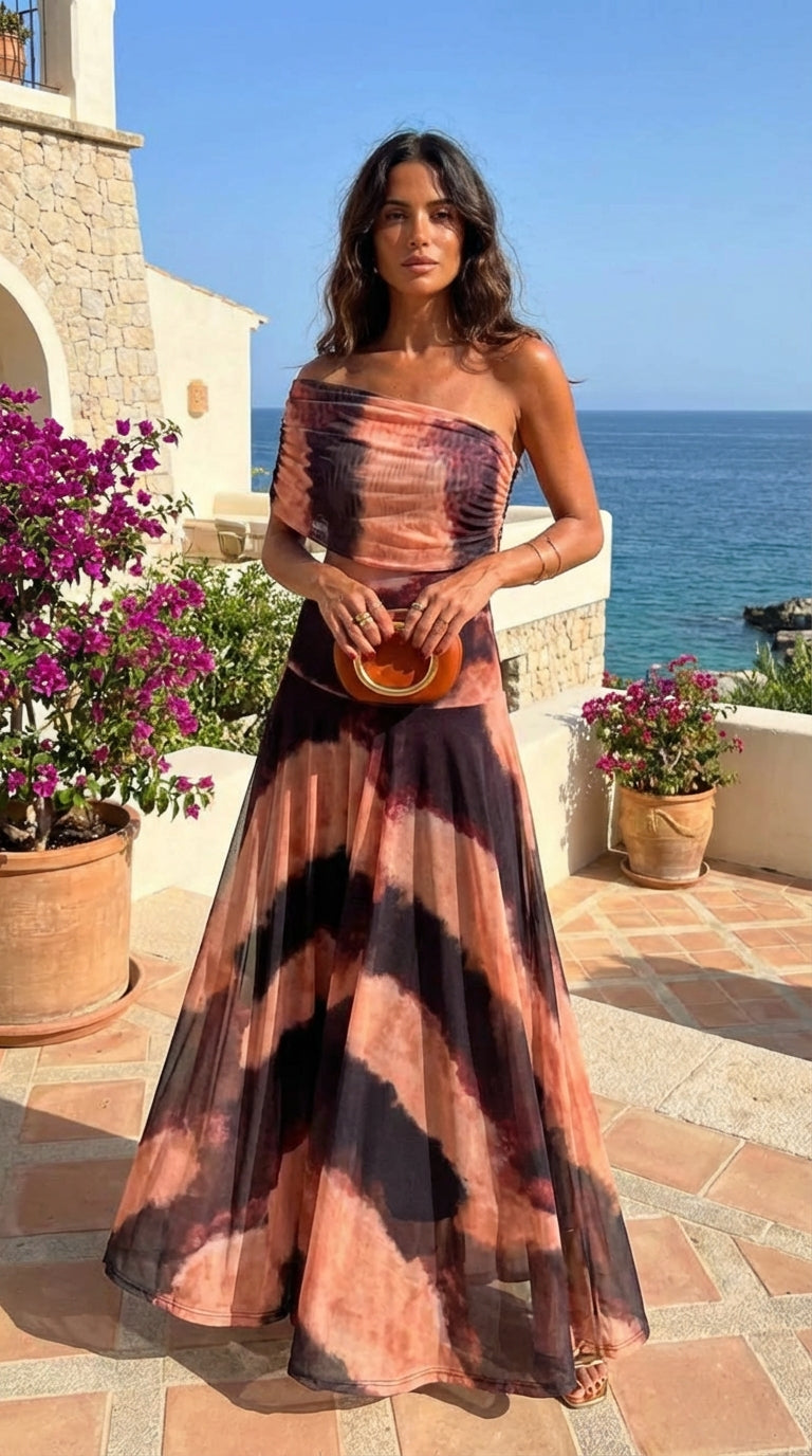 Carmen | Abito lungo con stampa arancione e marrone