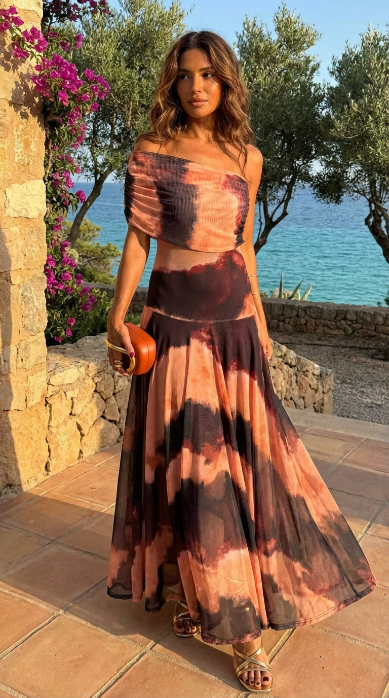 Carmen | Abito lungo con stampa arancione e marrone