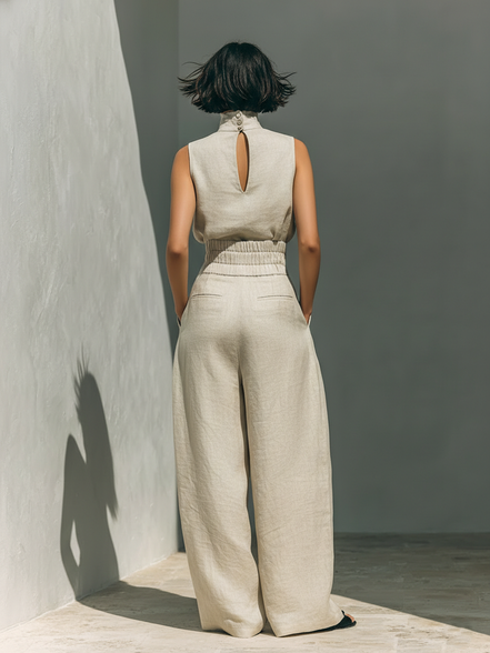 Eleganza in cotone - Completo composto da top e pantaloni ampi in cotone e lino dallo stile minimalista per donna