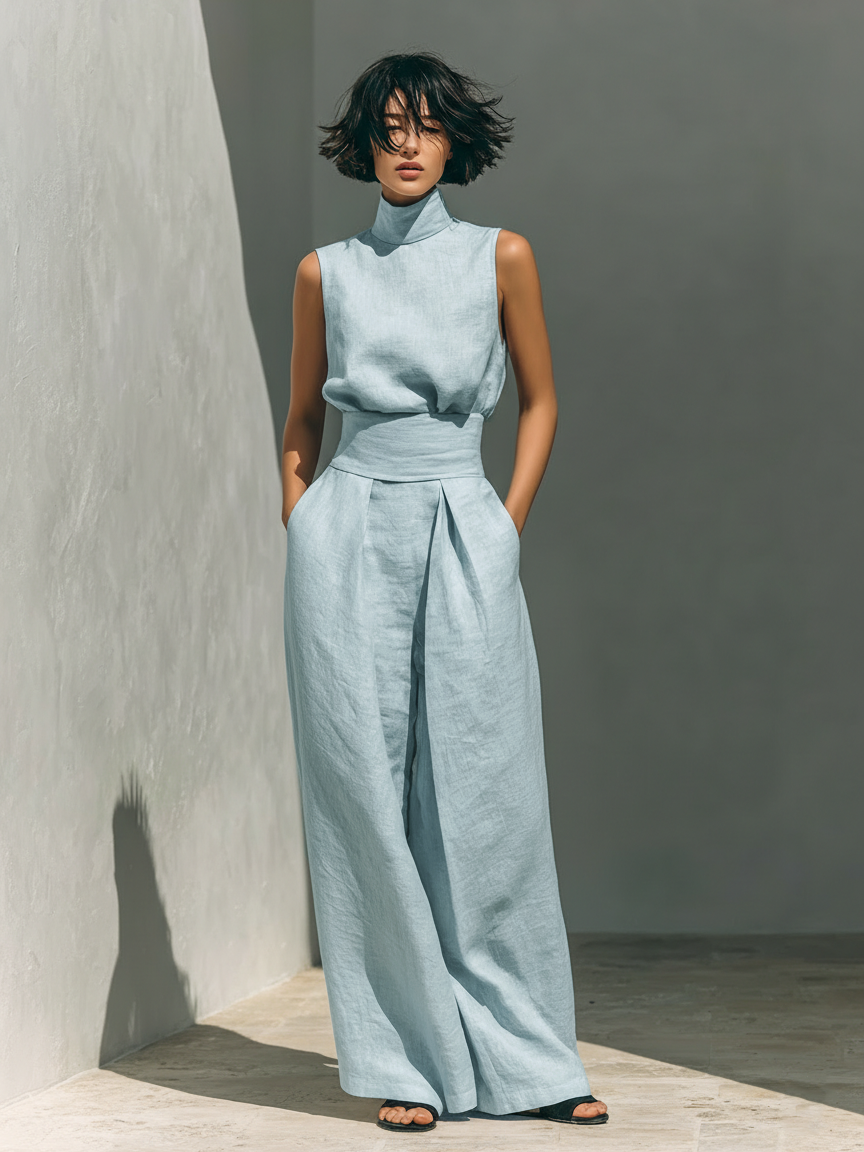 Eleganza in cotone - Completo composto da top e pantaloni ampi in cotone e lino dallo stile minimalista per donna