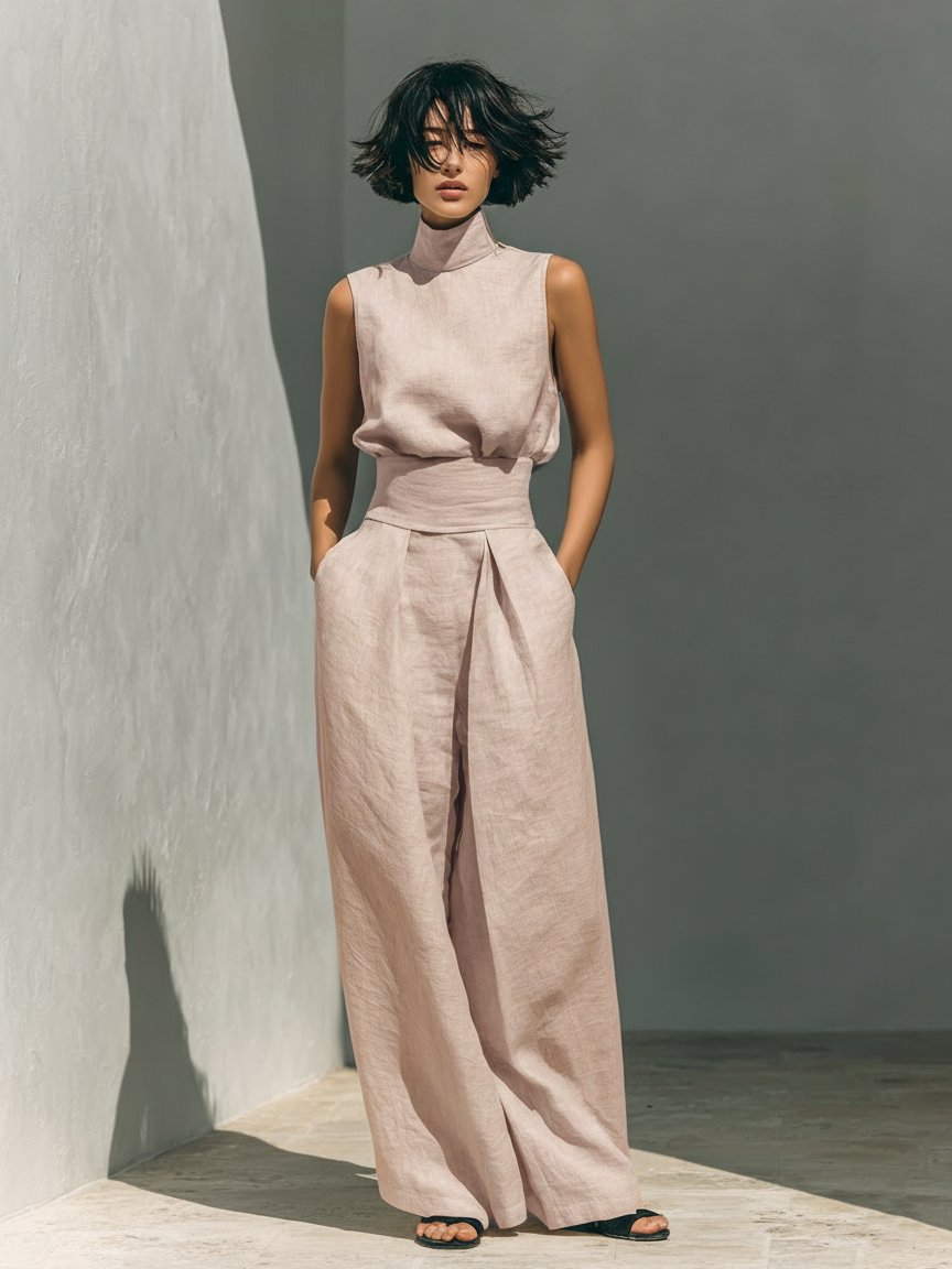 Eleganza in cotone - Completo composto da top e pantaloni ampi in cotone e lino dallo stile minimalista per donna