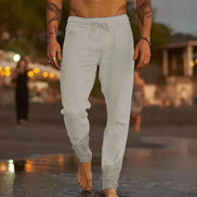 Len Sahara – Pantaloni da spiaggia in lino con elastico in vita