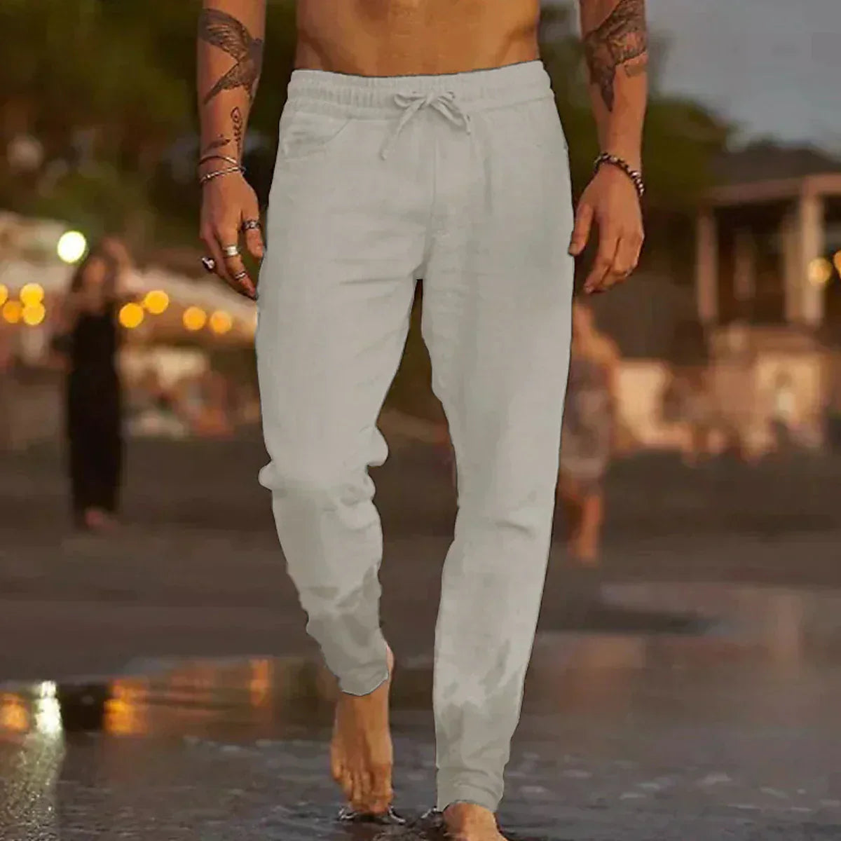 Len Sahara – Pantaloni da spiaggia in lino con elastico in vita
