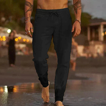 Len Sahara – Pantaloni da spiaggia in lino con elastico in vita