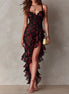 Abito Chic Nero e Rosso con Fiori e Rouches in Fondo