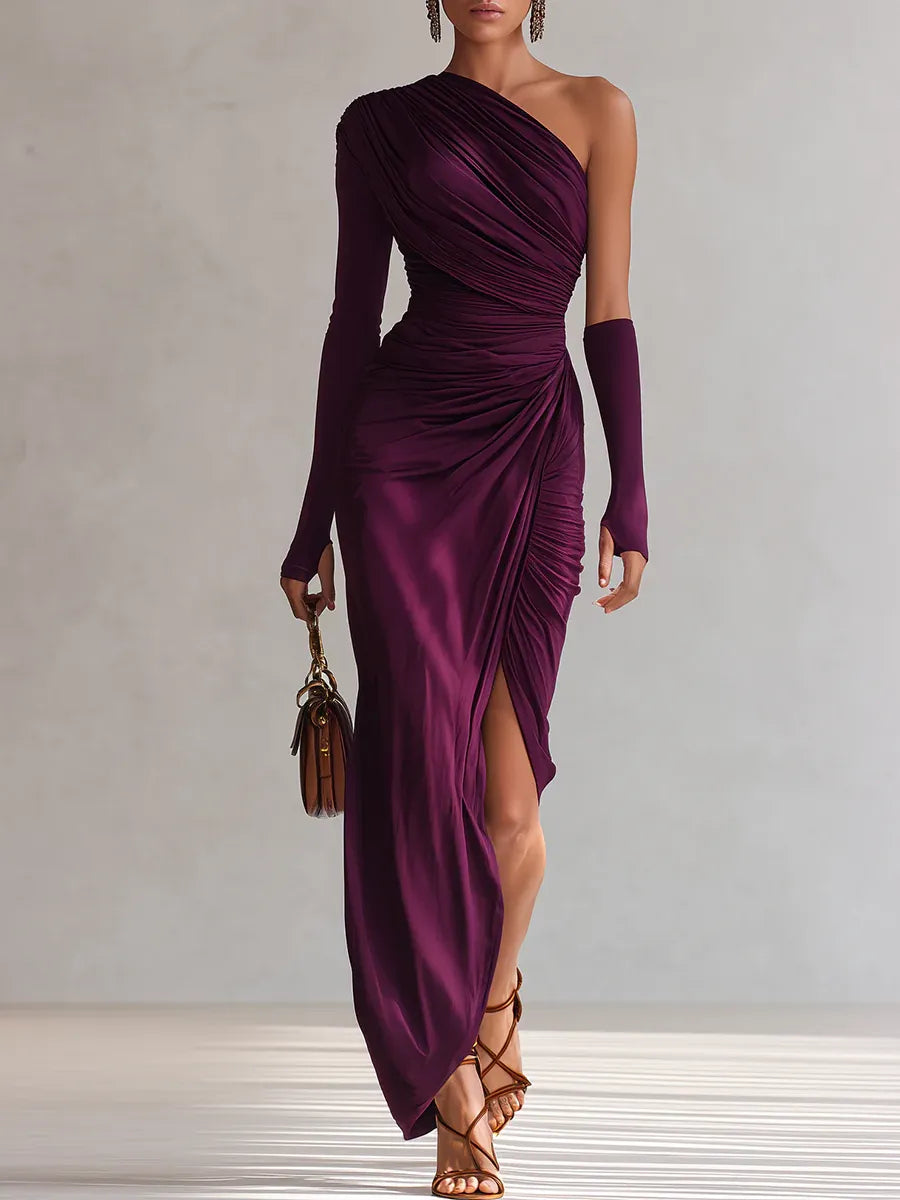 Abito drappeggiato monospalla Élise – Elegante abito da sera con spacco