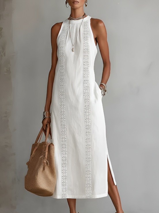 Serafina | Abito midi in lino con collo Mao