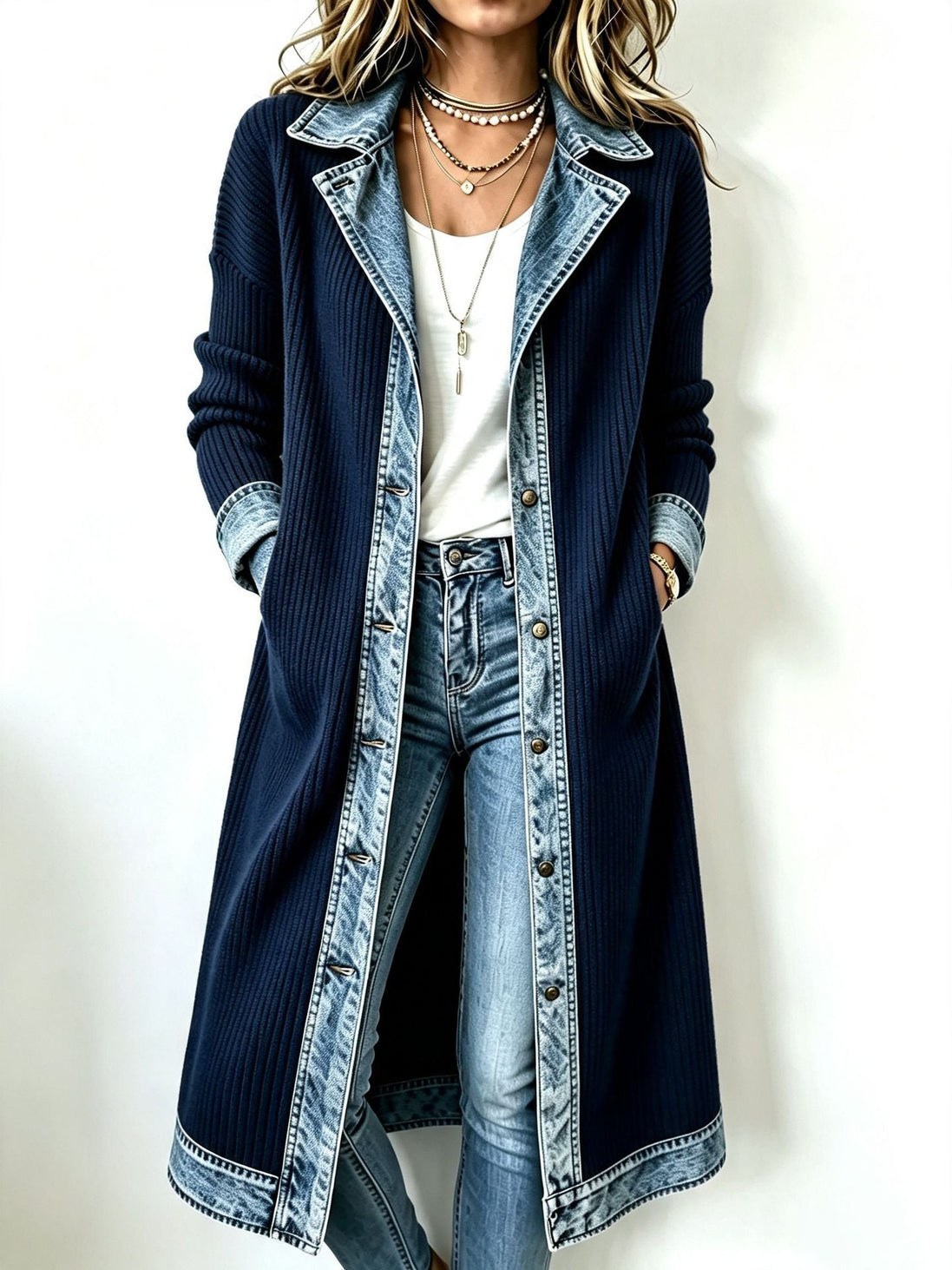Agata | Cardigan Lungo in Maglia con Dettagli in Denim