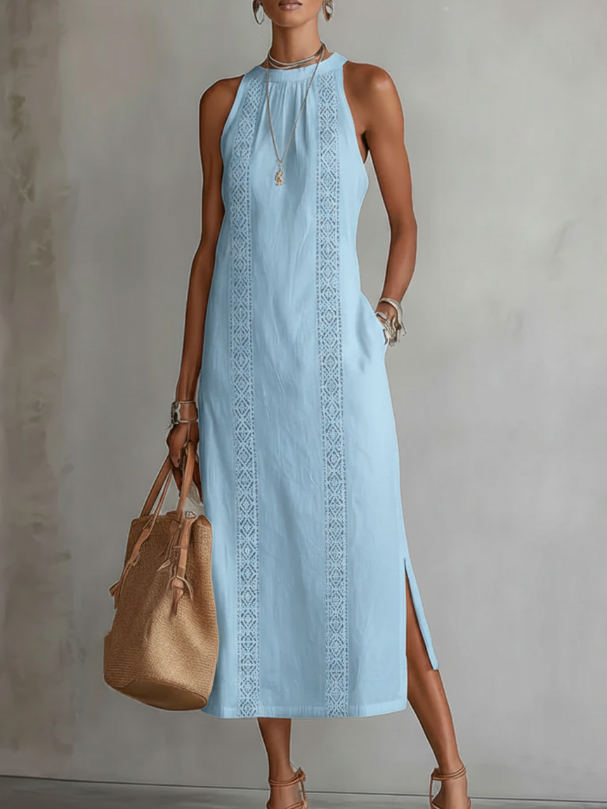 Serafina | Abito midi in lino con collo Mao