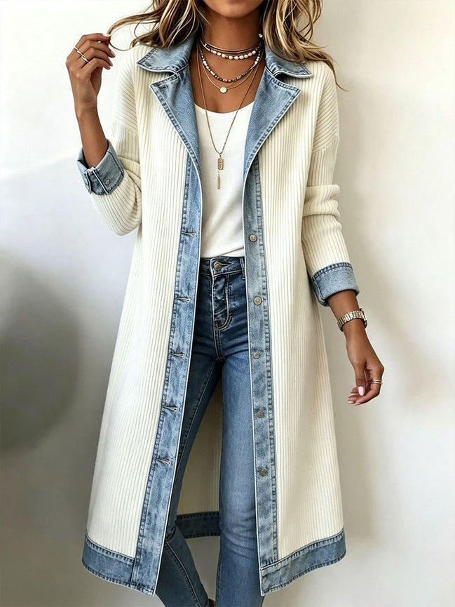 Agata | Cardigan Lungo in Maglia con Dettagli in Denim