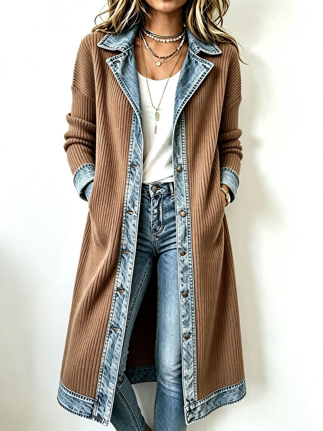 Agata | Cardigan Lungo in Maglia con Dettagli in Denim
